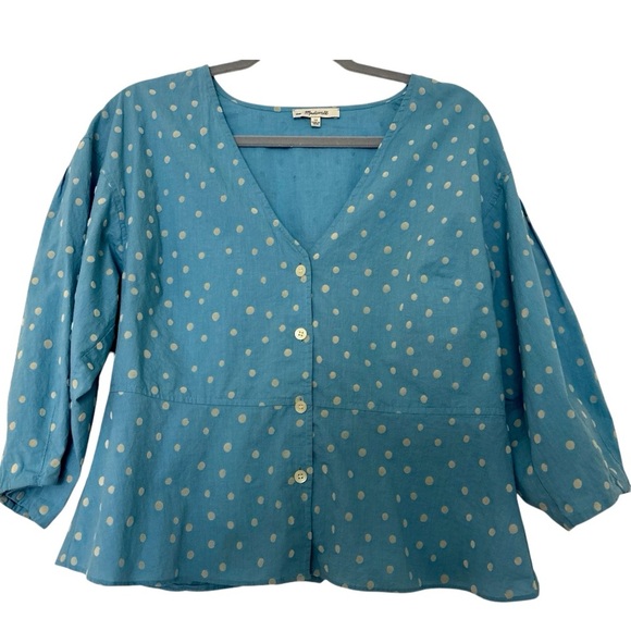 MADEWELL Florentine top, buttons.Bell 3/4 sleeves,peplum, 12, blue, inkspot dots - Picture 1 of 9